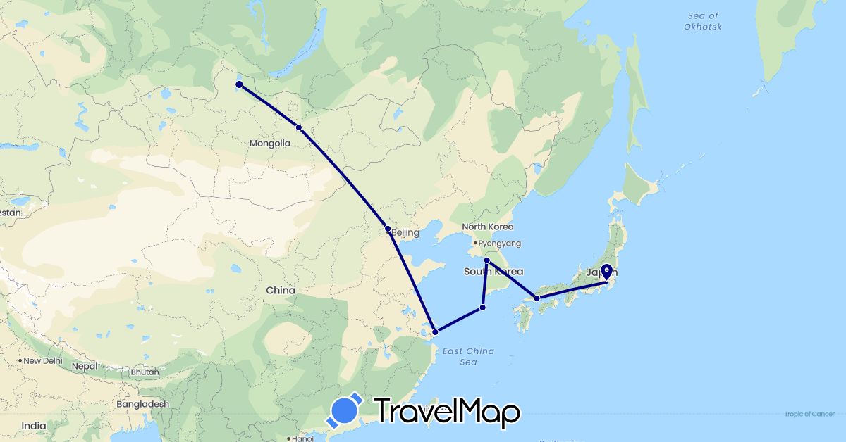 TravelMap itinerary: driving in China, Japan, South Korea, Mongolia (Asia)
